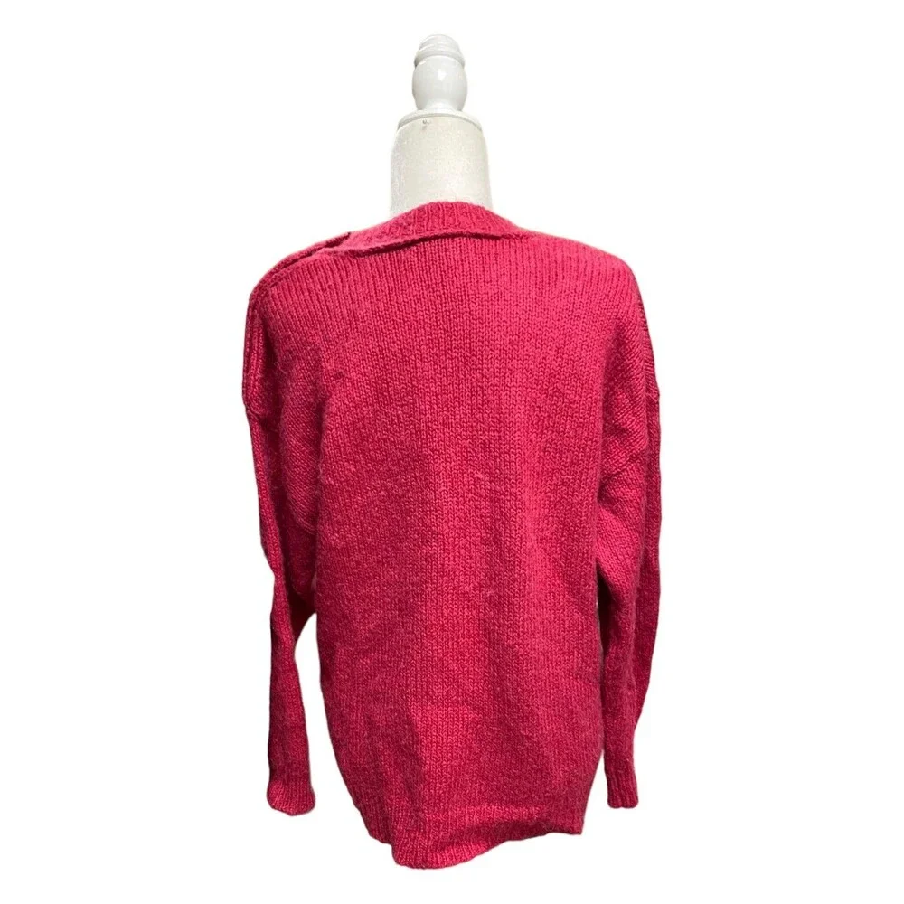 J.Crew Size M Alpaca Wool Raspberry Red Shoulder Button Fuzzy Pullover Sweater